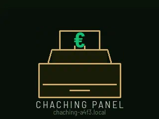 Arranque: la pequeña caja registradora se dibuja a sí misma en trazo latón y aparece CHACHING PANEL, con el nombre chaching-a4f3.local debajo.