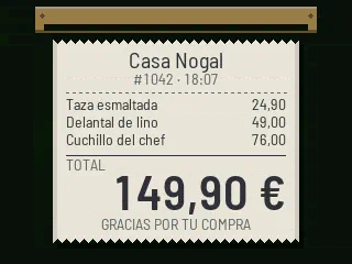 Entra un pedido: un ticket de papel se imprime por la pantalla con tres artículos y el total, 149,90 €, y después el importe se queda en pantalla en verde.