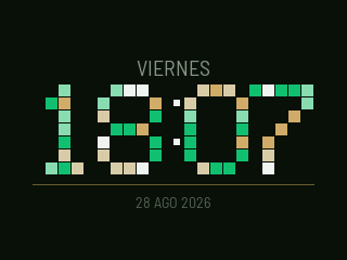 Esfera tetris: 18:07 montado con bloques verdes y latón que caen.