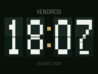 Cadran à palettes : 18:07 sur quatre plaques blanches, celle des minutes saisie en plein basculement.