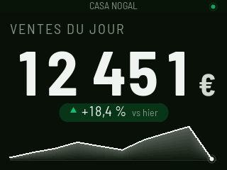 Panneau des ventes : VENTES DU JOUR 12 451 €, une pastille verte +18,4 % vs hier, et la courbe horaire de la journée en bas.