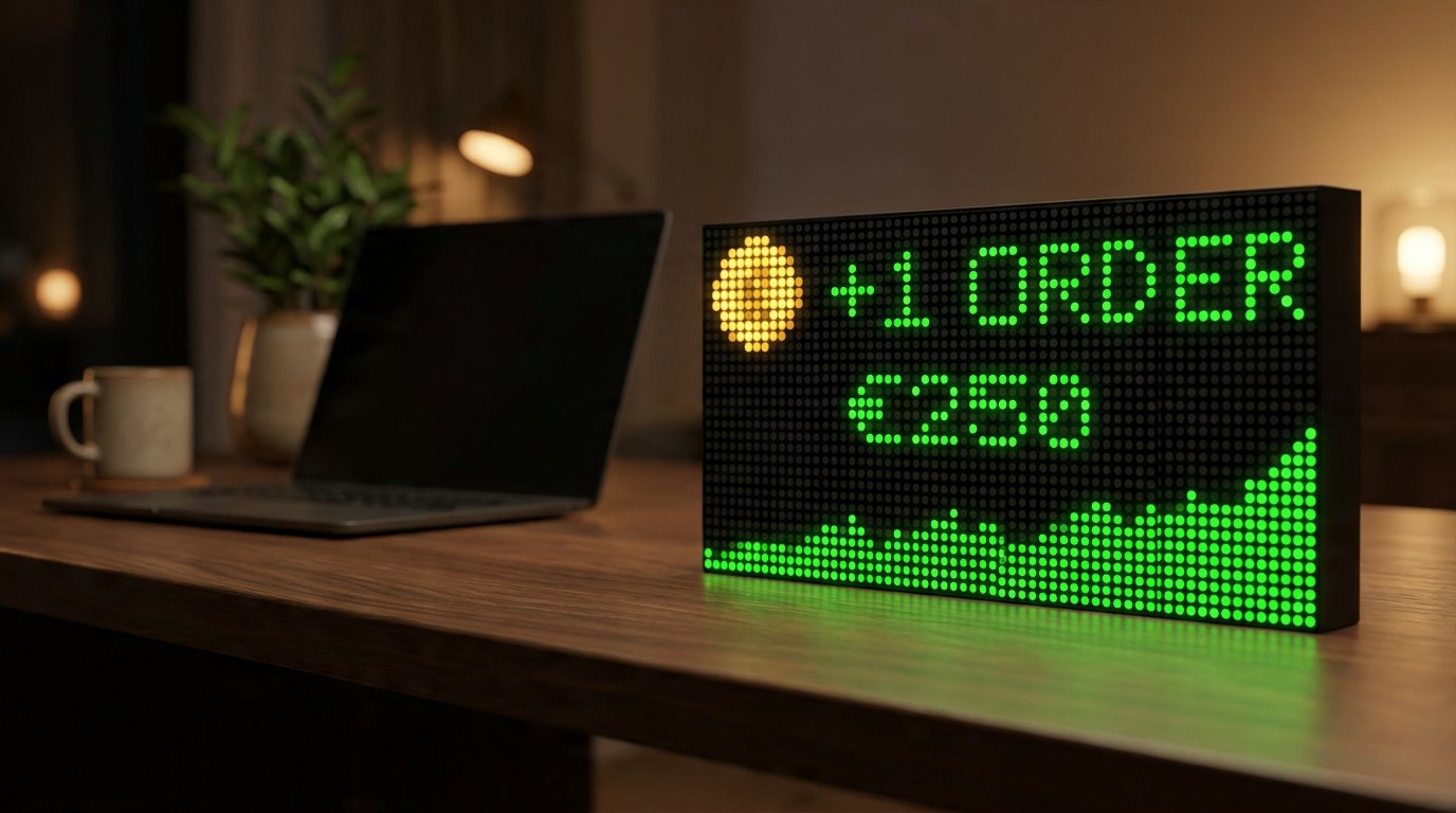 ChaChing Panel showing a live Shopify sale on a desk
